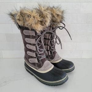Sorel Joan of Arctic Leather Winter Fur Boots Waterproof Insulated Gray Black 8